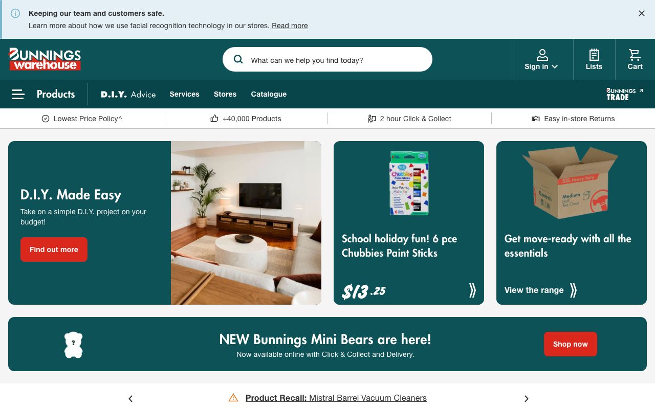 Preview of Bunnings Warehouse's website