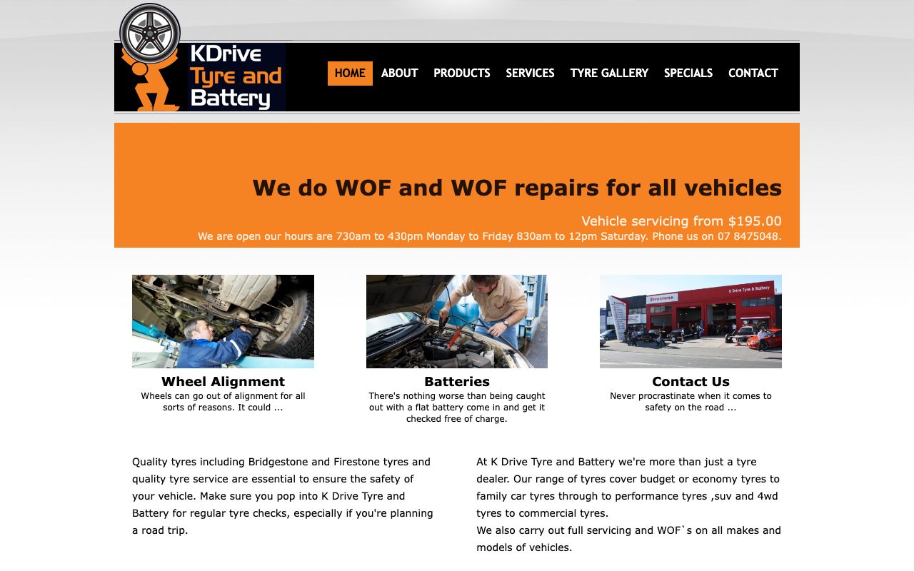 Preview of K Drive Tyre & Battery's website