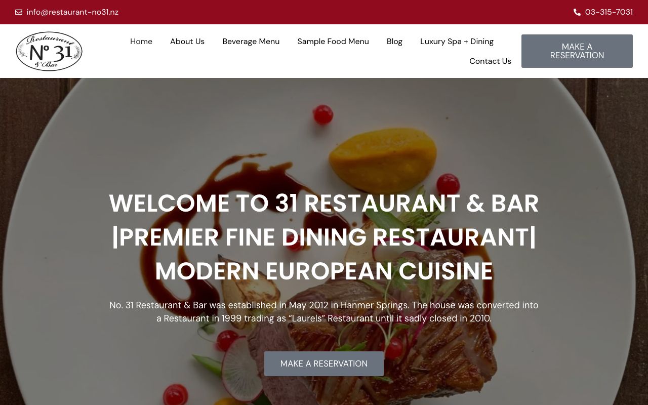 Preview of No. 31 Restaurant's website