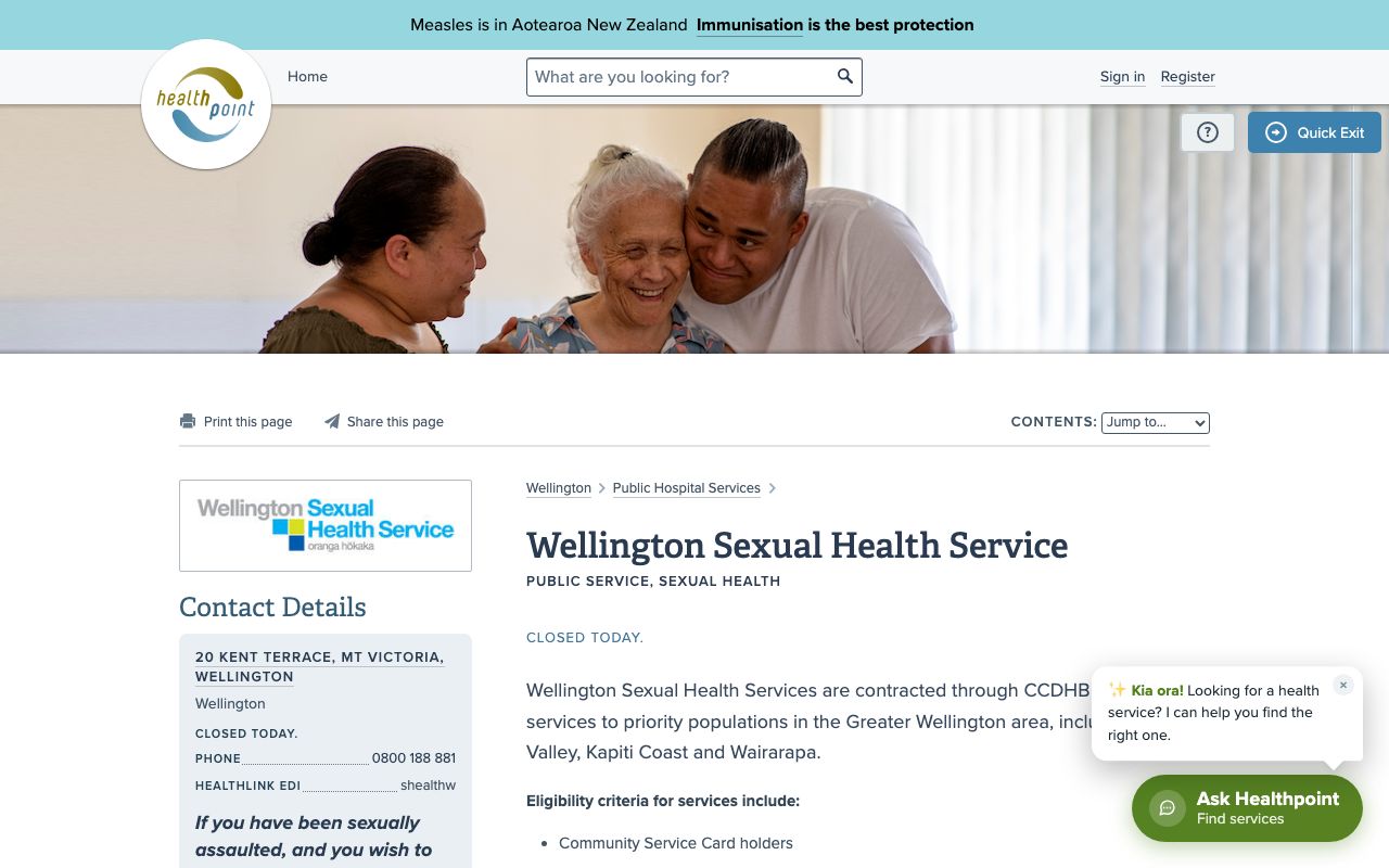 Preview of Wellington Sexual Health Service's website